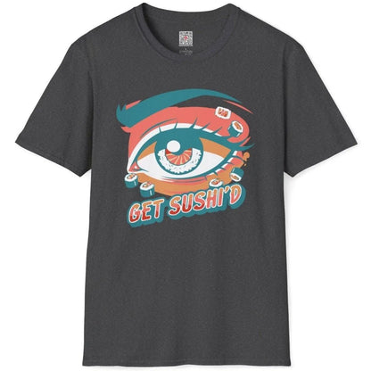 Flatlay of dark heather shirt with sushi eye motif and cartoon nigiri, fusion cuisine and quirky shirt.