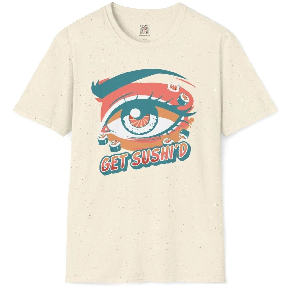 Flatlay of natural t-shirt with whimsical sushi eye and bold typography, sushi culture and pop art.