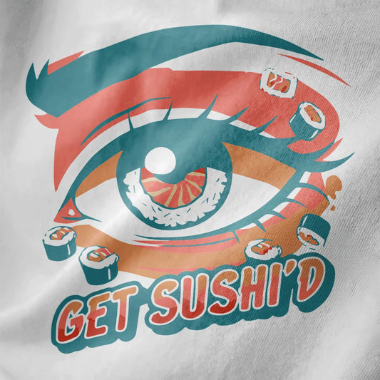 Close-up of vibrant sushi eye design on white t-shirt, featuring kawaii sushi and bold typography.