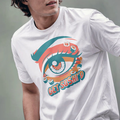 Male model in white t-shirt with colorful sushi eye design, pop art shirt for sushi lovers.