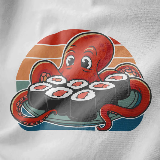 Red octopus holding sushi on white shirt fabric, featuring octopus art and whimsical illustration.