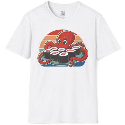 White flatlay t-shirt with octopus holding sushi, featuring sushi shirt and vibrant palette.