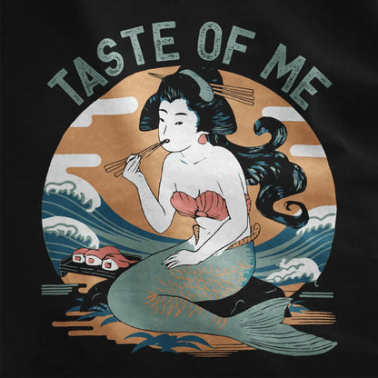 Close-up of mermaid sushi design on black fabric, highlighting cultural hybrid and aquatic aesthetic details.