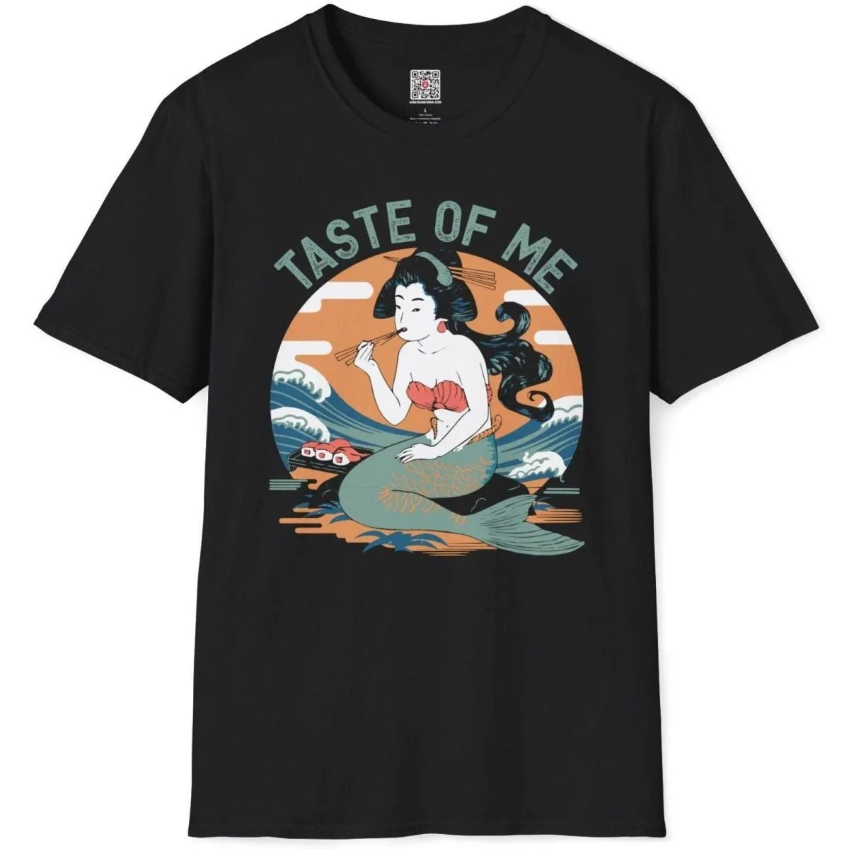Black t-shirt flatlay with mermaid sushi artwork, showcasing traditional Japanese art and modern tradition.