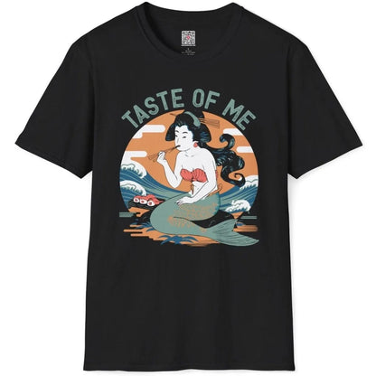 Black t-shirt flatlay with mermaid sushi artwork, showcasing traditional Japanese art and modern tradition.