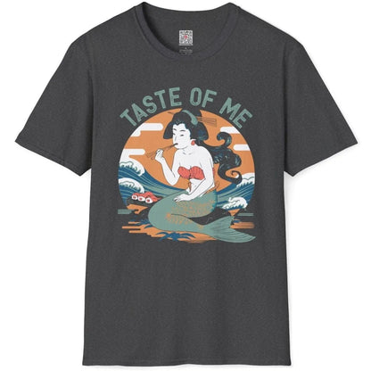 Dark heather t-shirt flatlay with mermaid sushi design, emphasizing blend of flavors and visual rhythm.