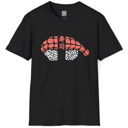 Flatlay of black t-shirt featuring coral pink sushi roll with kanji. sushi shirt, contrast in colors