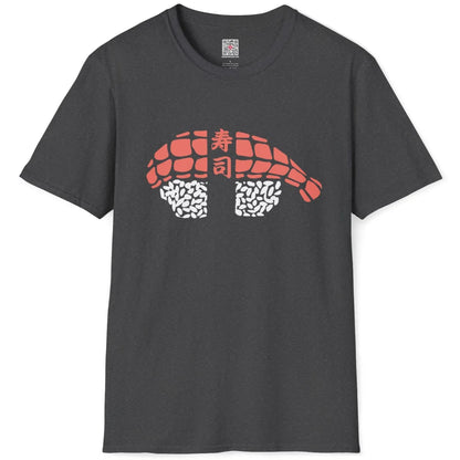 Dark heather t-shirt flatlay with modern sushi roll and kanji centerpiece. modern sushi, cultural symbolism