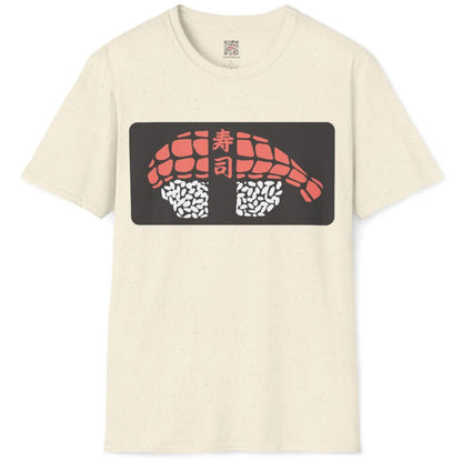 Natural t-shirt flatlay with detailed sushi roll design and kanji. sushi t-shirt, minimalist font