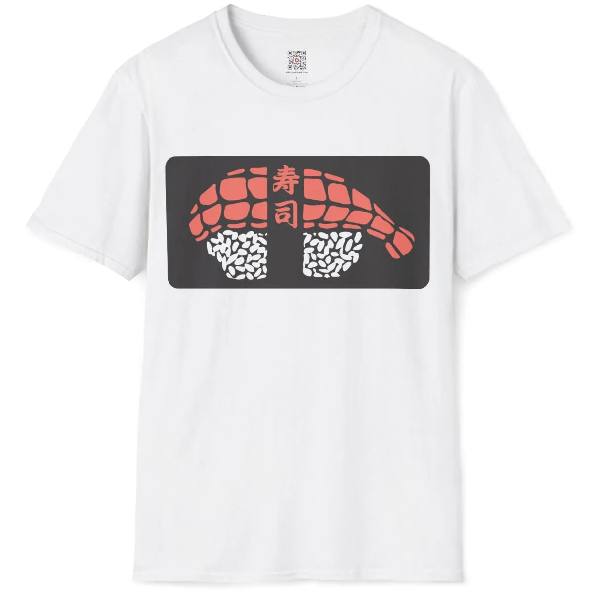 Flatlay of white t-shirt with minimalist sushi roll, coral pink and white, kanji detail. sushi art, japanese text shirt