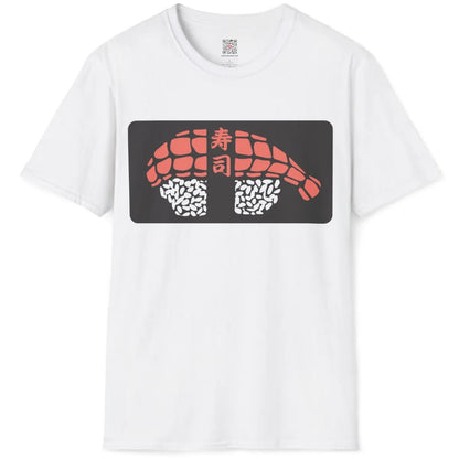 Flatlay of white t-shirt with minimalist sushi roll, coral pink and white, kanji detail. sushi art, japanese text shirt