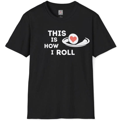 Sushi roll and heart design with bold text on black t-shirt flatlay, sushi shirt, culinary wordplay.