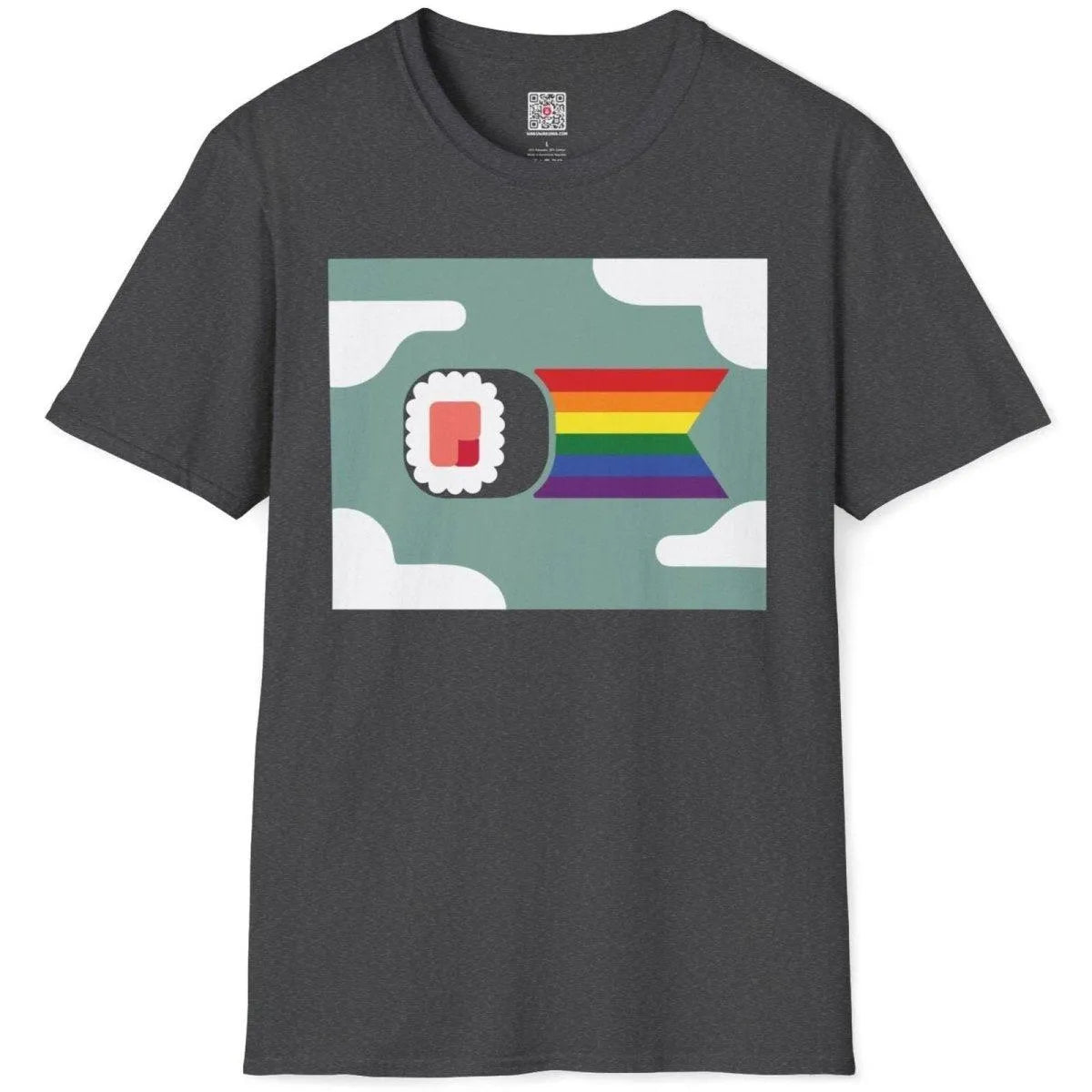 Flatlay of dark heather t-shirt with sushi roll and rainbow ribbon, japanese t-shirts, cloud background, playful tradition.