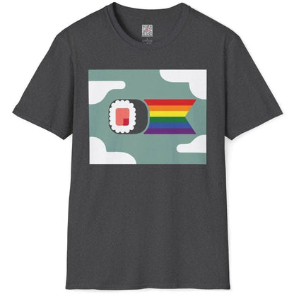 Flatlay of dark heather t-shirt with sushi roll and rainbow ribbon, japanese t-shirts, cloud background, playful tradition.