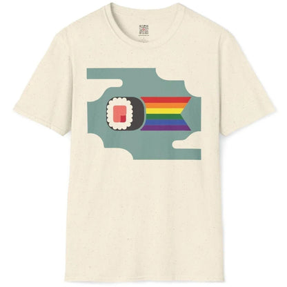Flatlay of natural t-shirt with sushi roll and rainbow ribbon, sushi t-shirt, soft aesthetics, chromatic harmony.