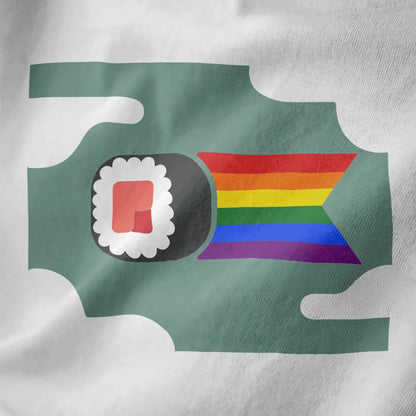 Close-up of sushi roll with rainbow ribbon on white fabric, kawaii sushi, inclusive design, soft aesthetics.