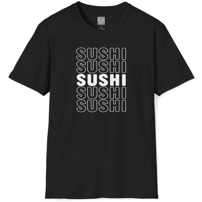Black t-shirt flatlay with bold SUSHI repetition in white outline, sushi art, typographic contrast, minimalist.