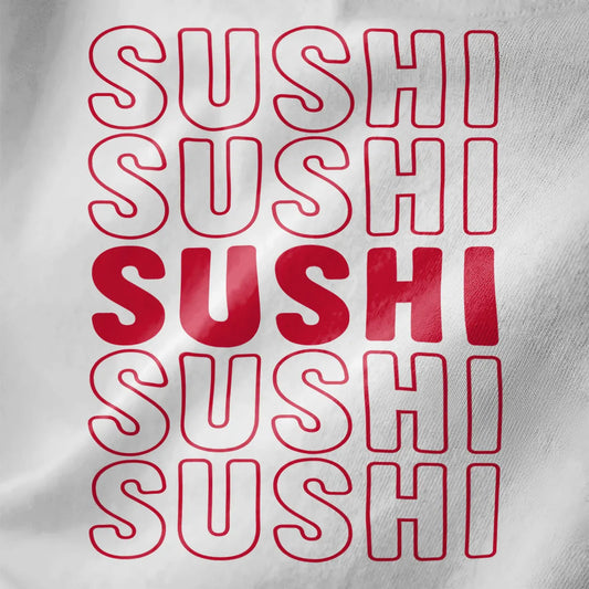 Bold SUSHI text repeated vertically in red outline on white fabric, minimalist sushi t-shirt, modern graphic.