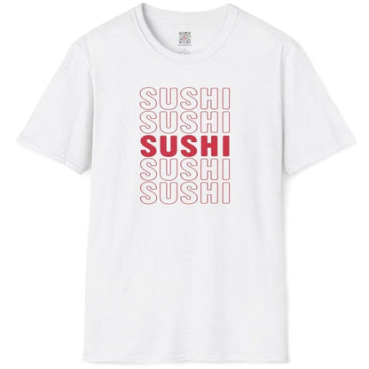White t-shirt flatlay with SUSHI repeated vertically in red, sushi t-shirt, vibrant color palette, modern design.