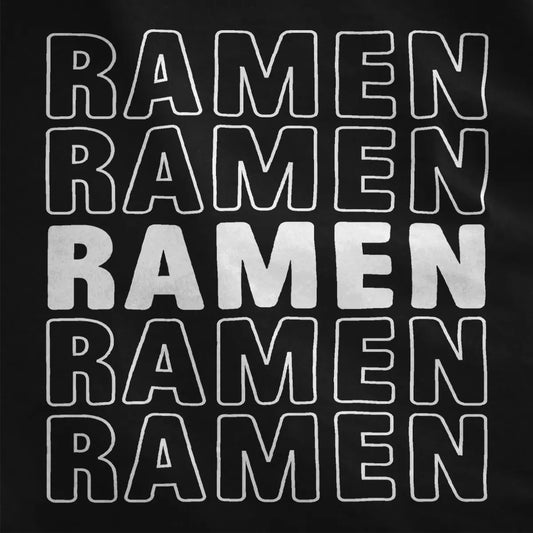 RAMEN word repeated vertically in bold red outline on black fabric, ramen shirt, bold typography, graphic minimalism.
