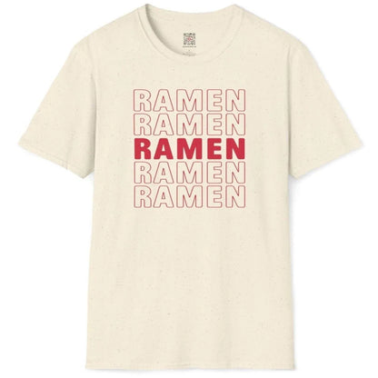 Natural t-shirt flatlay with RAMEN repeated in red, ramen t-shirt, graphic minimalism, culinary obsession.