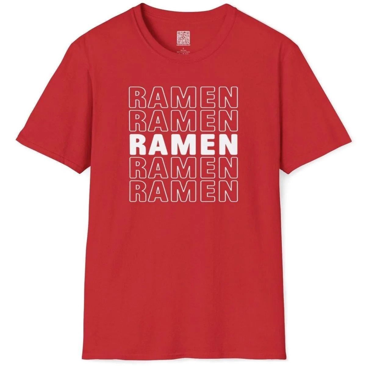 Red t-shirt flatlay with RAMEN repetition, ramen t-shirt, hypnotic repetition, vibrant red accent.