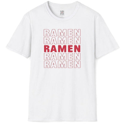 White t-shirt flatlay with bold RAMEN repetition, ramen t-shirt, crisp white background, minimalist.