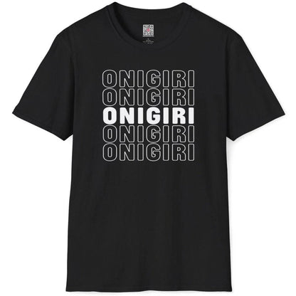 Black t-shirt flatlay with bold “ONIGIRI” text in red outline and solid red, grid pattern, minimalist aesthetic.