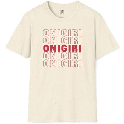 Natural t-shirt flatlay with bold “ONIGIRI” text, whimsical charm, japanese rice snack.