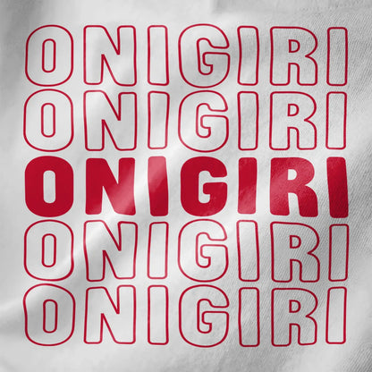 “ONIGIRI” repeated in bold red outline and solid red on white fabric, japanese t-shirts, pop-art inspired.