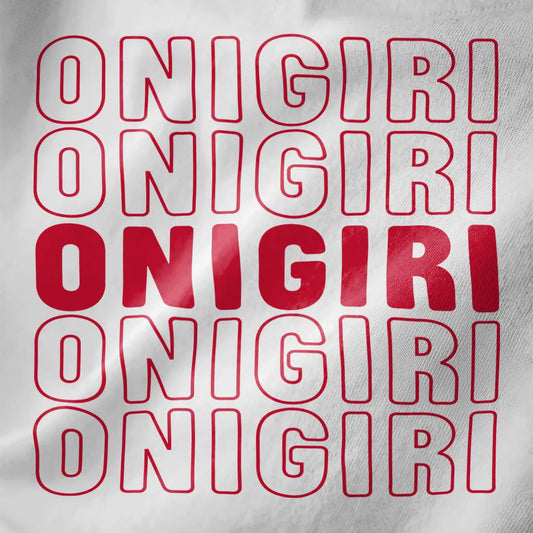 “ONIGIRI” repeated in bold red outline and solid red on white fabric, japanese t-shirts, pop-art inspired.