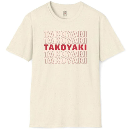 Flatlay of natural t-shirt displaying “TAKOYAKI” grid, bold uppercase font, grid-like repetition.