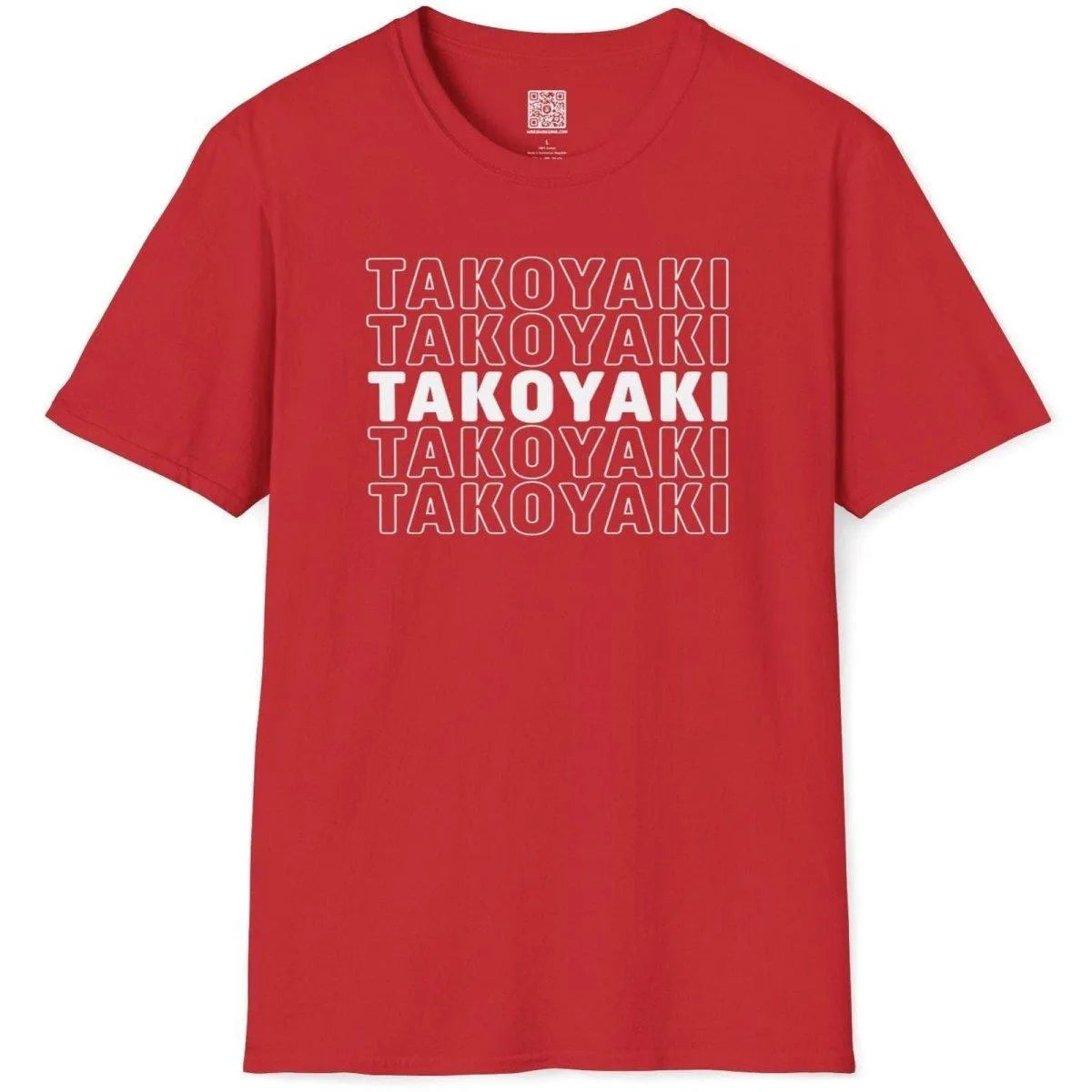 Flatlay of red t-shirt with white “TAKOYAKI” grid, vibrant focal point, Japanese street food.
