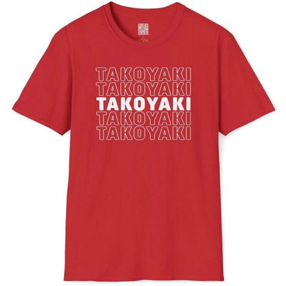 Flatlay of red t-shirt with white “TAKOYAKI” grid, vibrant focal point, Japanese street food.