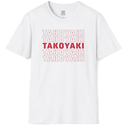 Flatlay of white t-shirt with bold “TAKOYAKI” grid, minimalist color scheme, culinary enthusiasm.