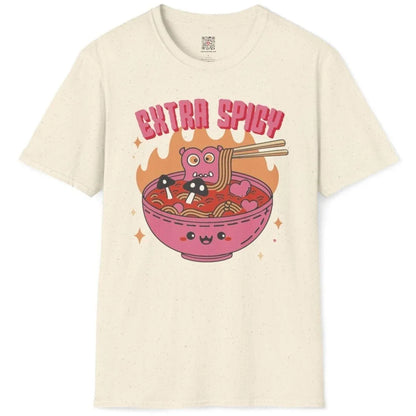 Natural shirt with pink monster, spicy noodle bowl, and flames, ramen t-shirt, monster shirt.