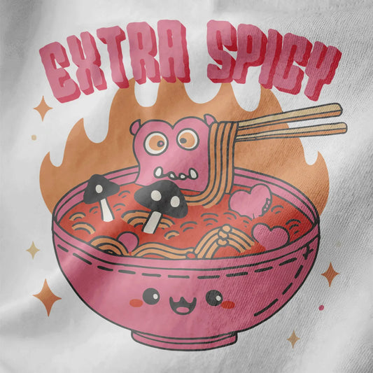 Pink monster eating noodles in spicy red bowl on white fabric, ramen t-shirt, junk food shirt.