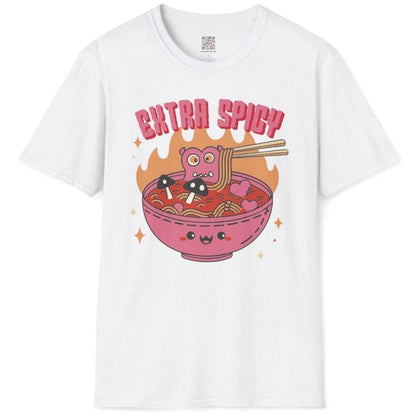 Flat white t-shirt with pink monster, spicy noodle bowl, and flames, ramen t-shirt, funny shirts with sayings.