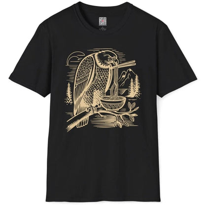 Eagle eating ramen with chopsticks on black t-shirt flatlay, mountain landscape, ramen shirt.