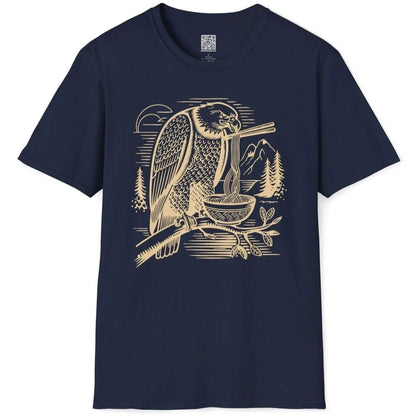 Eagle eating ramen with chopsticks on navy t-shirt flatlay, mountain landscape, scenery shirt.