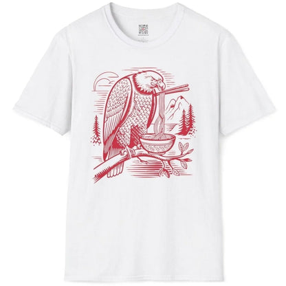Eagle eating ramen with chopsticks on white t-shirt flatlay, mountain landscape, ramen t shirt.