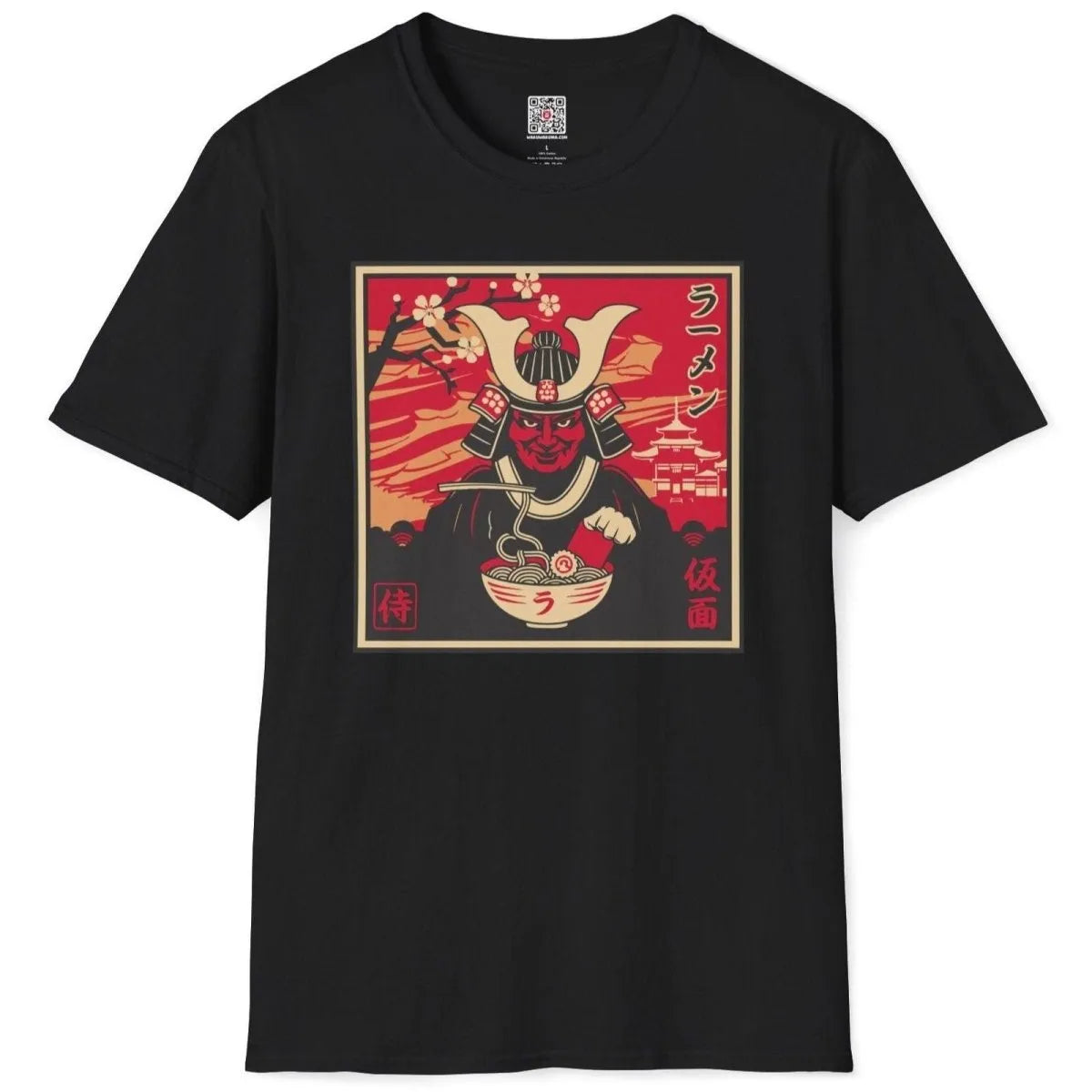 Flatlay of black shirt with samurai eating ramen, cherry blossom background, ramen t-shirt.
