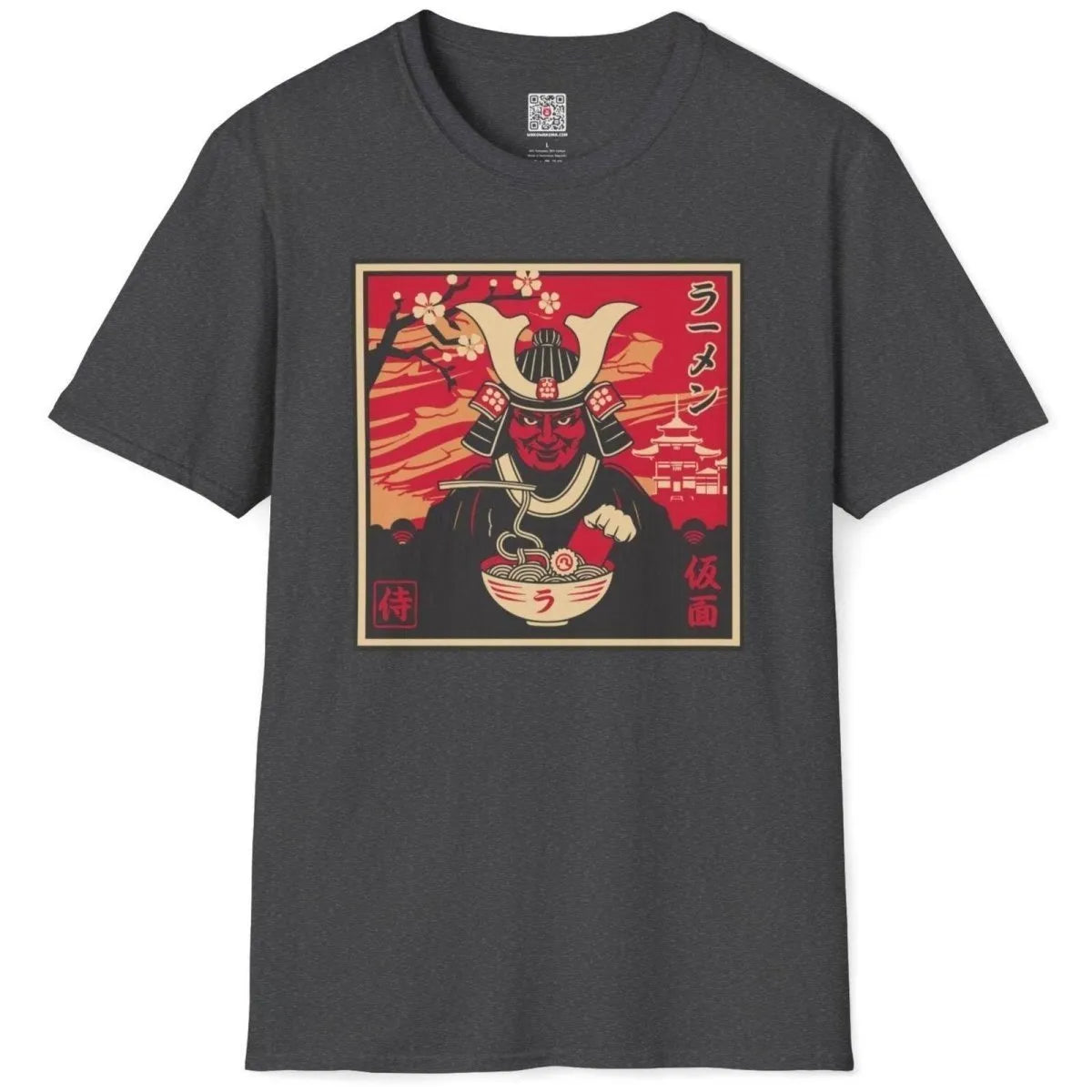Dark heather shirt flatlay with samurai eating ramen, cherry blossom background, ramen t-shirt.