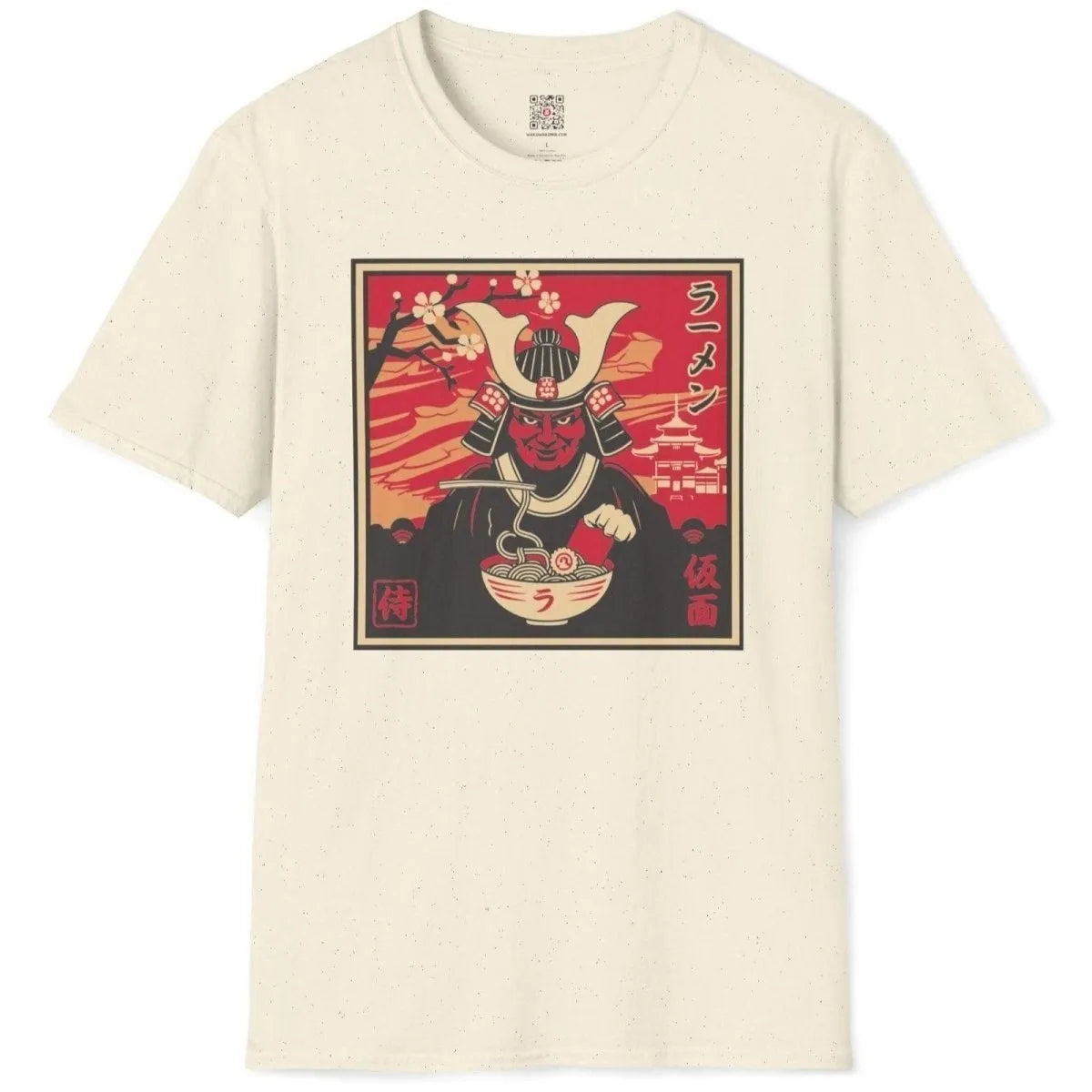 Natural shirt flatlay with samurai eating ramen, cherry blossom background, ramen t-shirt.