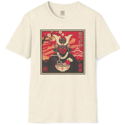 Natural shirt flatlay with samurai eating ramen, cherry blossom background, ramen t-shirt.