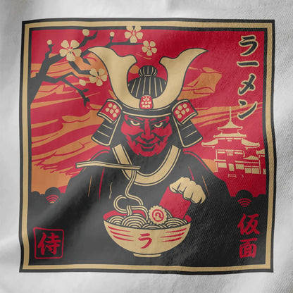 Samurai in armor eating ramen, red sky and cherry blossoms on white shirt, japanese t-shirts, ramen t-shirt.