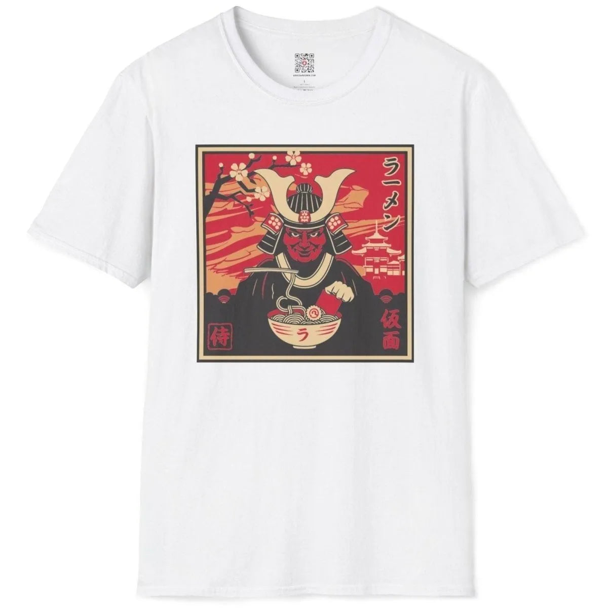 Flatlay of white shirt with samurai eating ramen, cherry blossom background, japanese t-shirts.