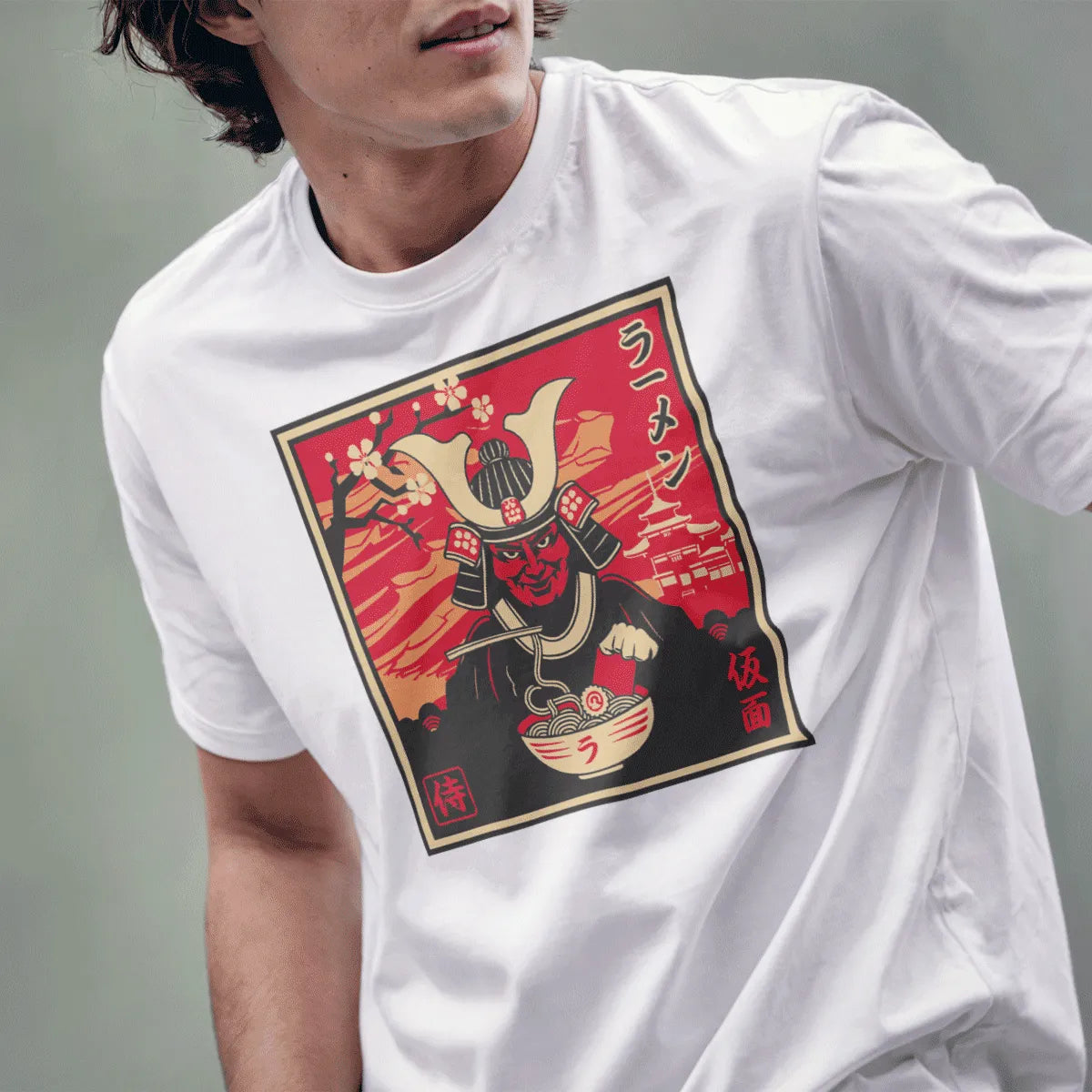 White shirt on male model with samurai eating ramen, cherry blossom background, japanese t-shirts.