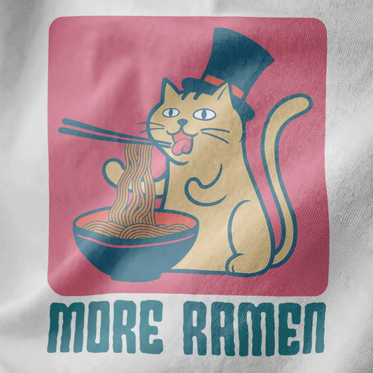 Cat in top hat eating ramen with chopsticks on white shirt, teal bowl, funny cat shirt, ramen t-shirt.