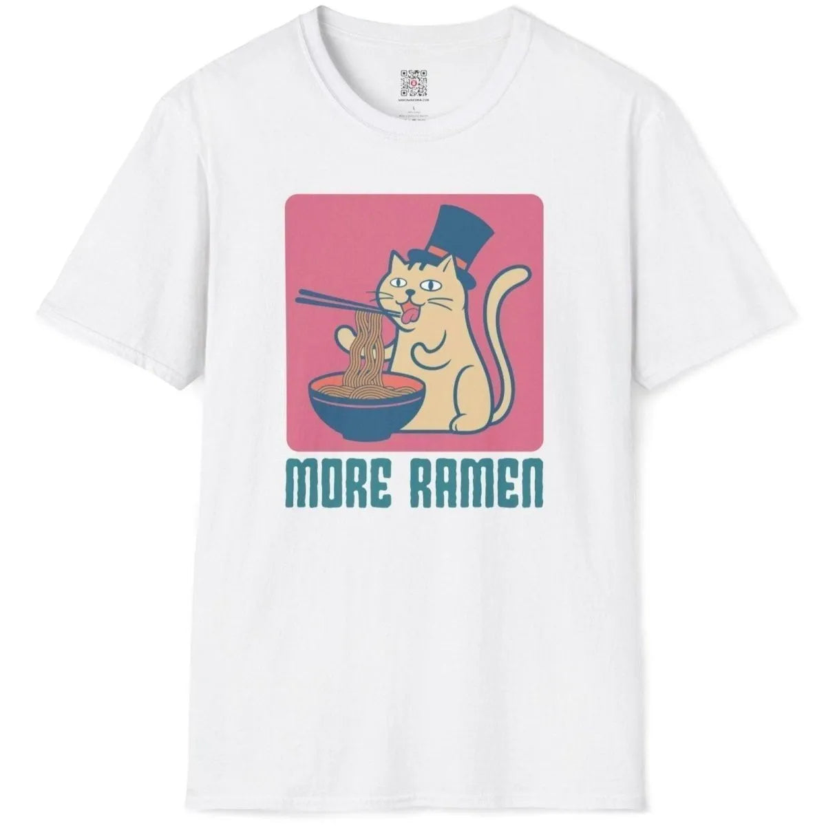 Flatlay of white shirt with cat eating ramen, teal bowl, funny cat shirt, ramen t-shirt.